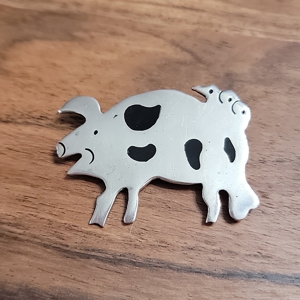 Taxco Mexico 925 Silver Pig Hog With Black Spots Vintage Figural Brooch